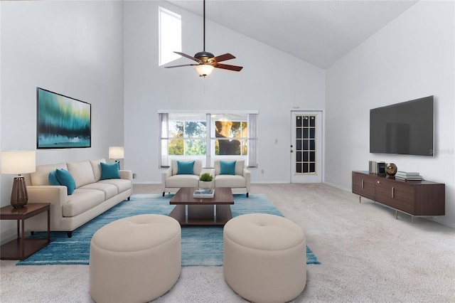 carpeted living room featuring ceiling fan and high vaulted ceiling