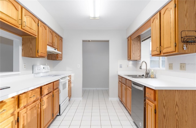 kitchen with backsplash, stainless steel dishwasher, sink, light tile patterned floors, and electric range