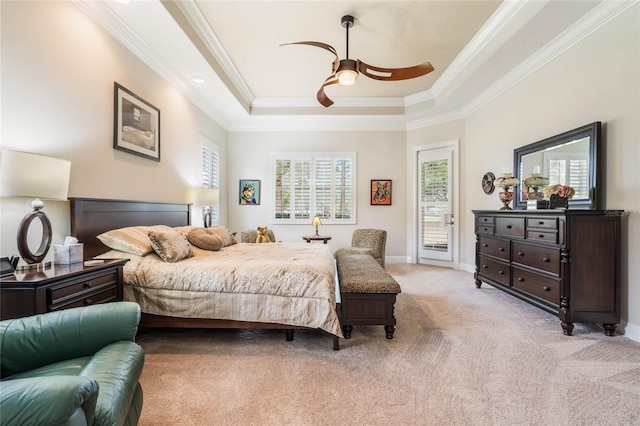 bedroom with light carpet, access to outside, a raised ceiling, and ceiling fan