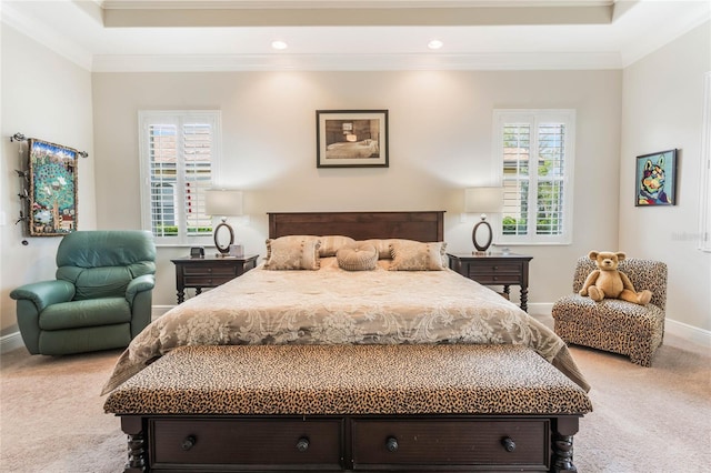 bedroom with multiple windows, carpet floors, and ornamental molding