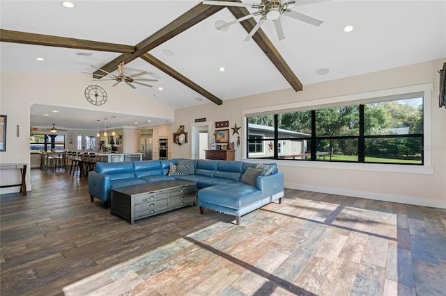 living room featuring recessed lighting, a ceiling fan, wood finished floors, beamed ceiling, and baseboards