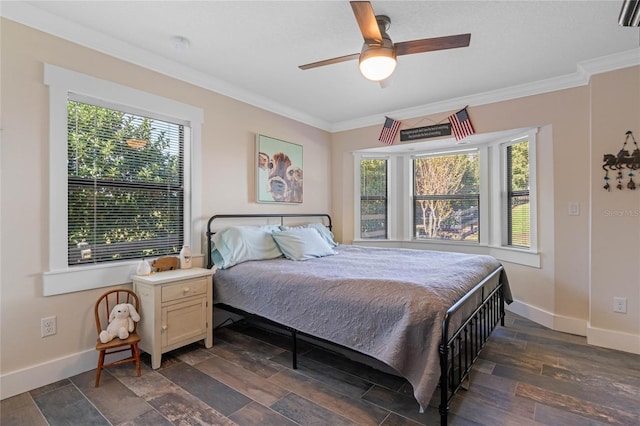 bedroom with a ceiling fan, baseboards, ornamental molding, and dark wood-type flooring