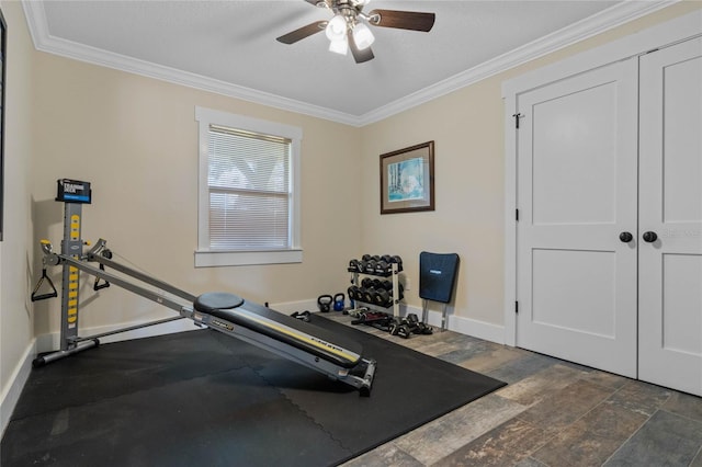 workout room featuring a ceiling fan, crown molding, a textured ceiling, and baseboards