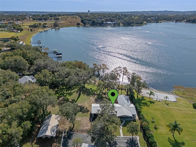 aerial view featuring a water view