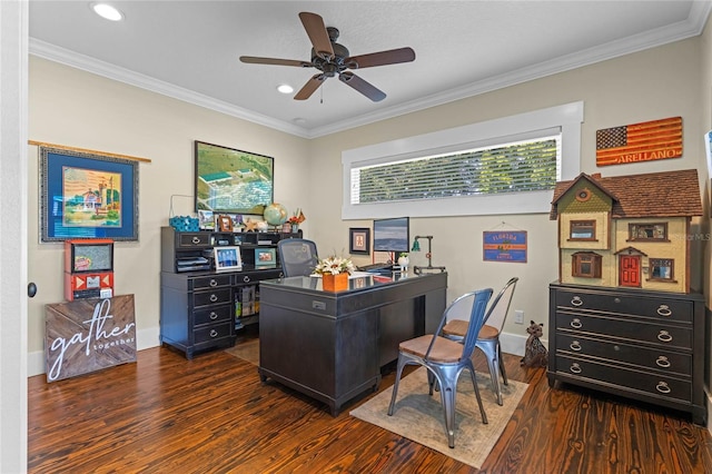 office area featuring ornamental molding, dark wood-style flooring, baseboards, and a ceiling fan