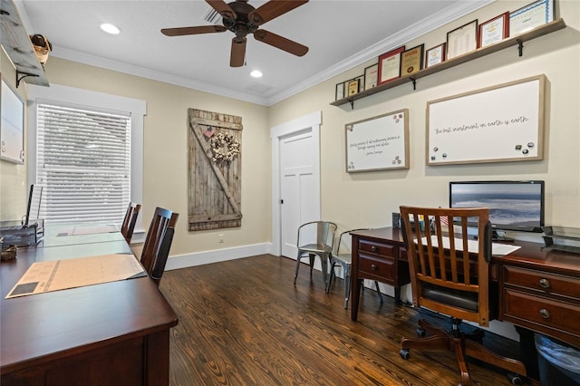 home office with ceiling fan, recessed lighting, wood finished floors, baseboards, and crown molding