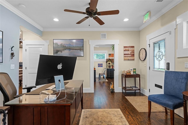 office with dark wood finished floors, recessed lighting, visible vents, ornamental molding, and baseboards