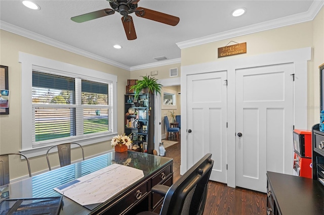 office area with dark wood-style floors, visible vents, crown molding, and recessed lighting