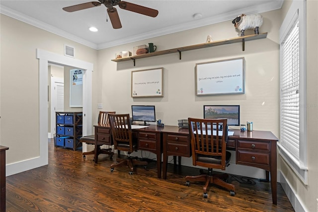 home office with baseboards, visible vents, a ceiling fan, wood finished floors, and crown molding