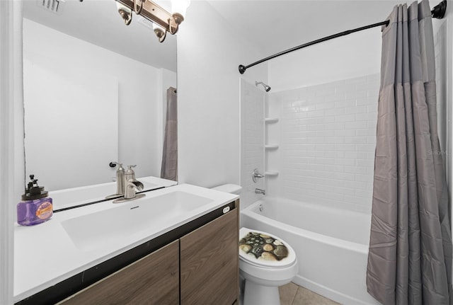 full bathroom with shower / bath combination with curtain, tile patterned floors, toilet, and vanity