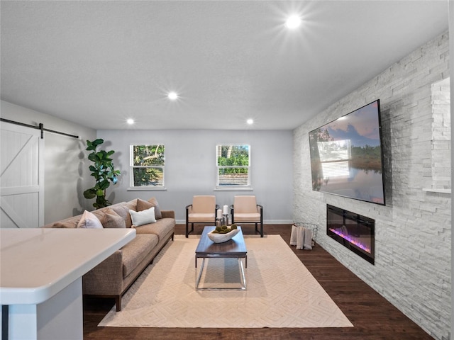 living room featuring dark wood-type flooring, a stone fireplace, and a barn door