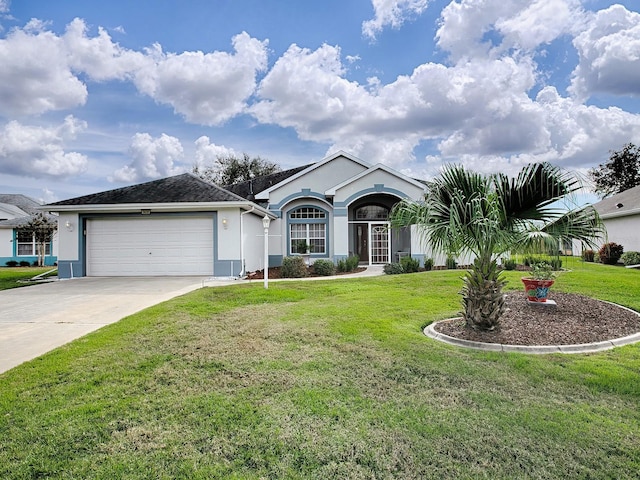 single story home with a front yard and a garage