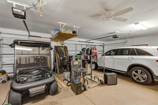 garage with ceiling fan and a garage door opener