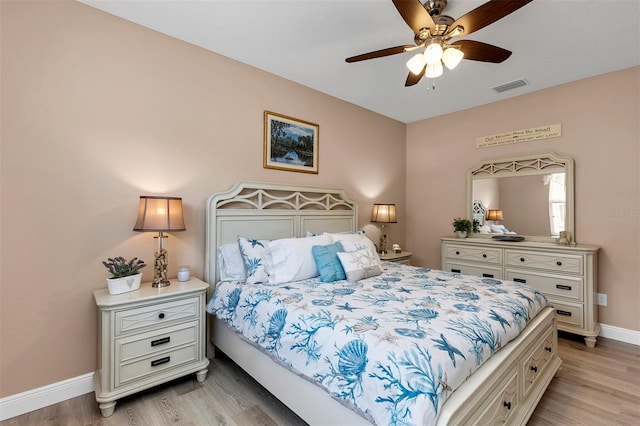 bedroom with light hardwood / wood-style floors and ceiling fan