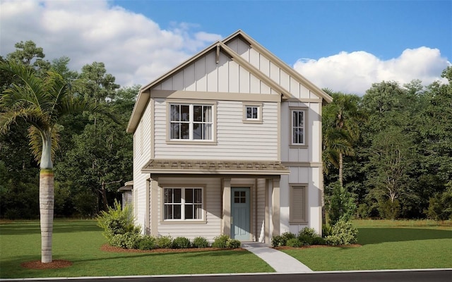 view of front of property with board and batten siding and a front yard