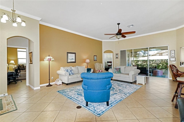 living room with light tile patterned floors, ceiling fan with notable chandelier, and ornamental molding