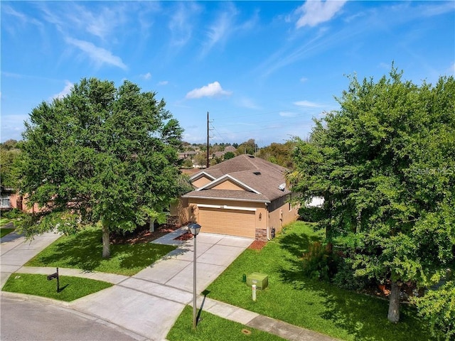 view of property hidden behind natural elements with a front lawn and a garage