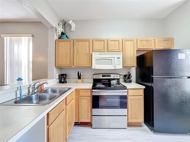 kitchen with stainless steel range with electric stovetop, black fridge, sink, and light brown cabinetry