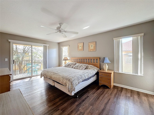 bedroom with access to exterior, ceiling fan, dark hardwood / wood-style flooring, and a textured ceiling