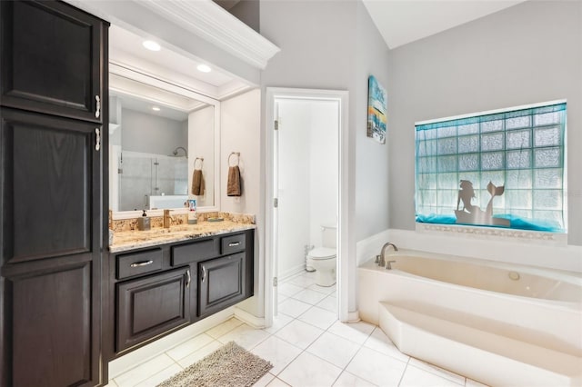 full bathroom with tile patterned floors, vanity, toilet, and plus walk in shower