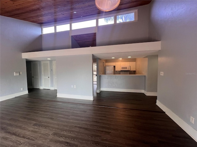 unfurnished living room featuring wood ceiling, dark hardwood / wood-style flooring, and a towering ceiling