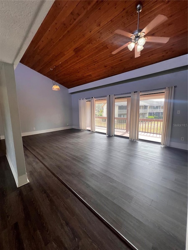 unfurnished living room featuring ceiling fan, lofted ceiling, dark wood-type flooring, and wooden ceiling