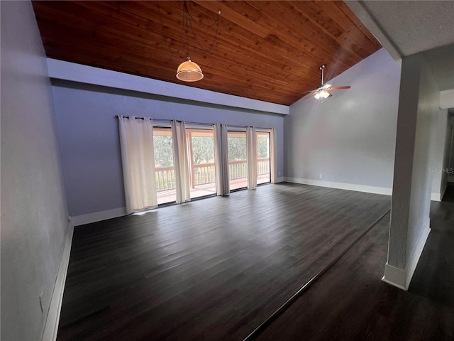 unfurnished living room featuring ceiling fan, dark wood-type flooring, wood ceiling, and vaulted ceiling