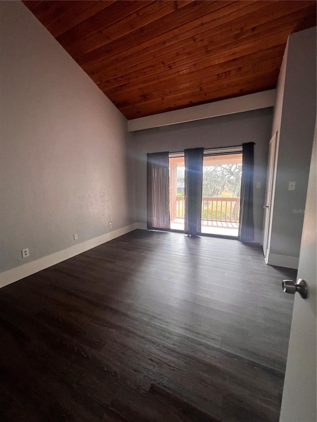 unfurnished room with wooden ceiling, dark hardwood / wood-style floors, and lofted ceiling