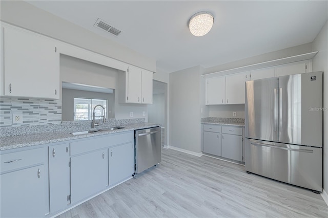 kitchen with light stone counters, stainless steel appliances, sink, light hardwood / wood-style floors, and white cabinetry