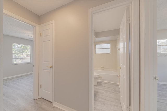 corridor with light wood-type flooring and a textured ceiling