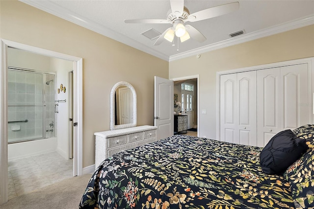 bedroom with light carpet, a closet, ceiling fan, and ornamental molding