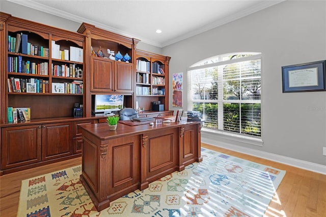 office featuring crown molding and light wood-type flooring