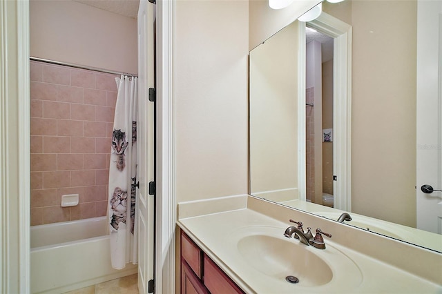 full bathroom featuring shower / bath combination with curtain, vanity, toilet, and tile patterned floors