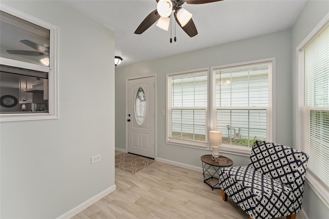 foyer entrance featuring ceiling fan, plenty of natural light, and light wood-type flooring