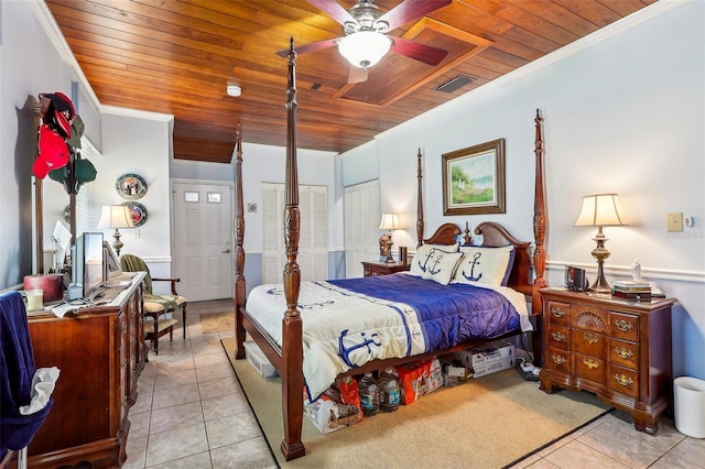 bedroom with ceiling fan, wooden ceiling, and light tile patterned floors