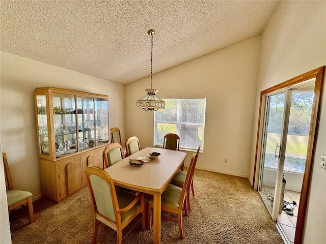 carpeted dining room with vaulted ceiling, plenty of natural light, and a textured ceiling