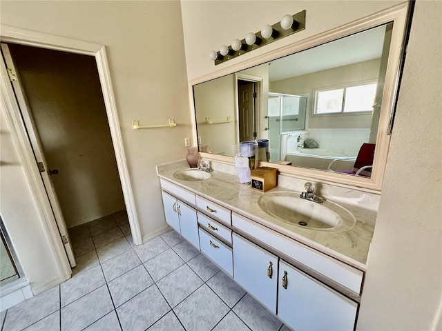 bathroom featuring vanity, tile patterned flooring, and plus walk in shower