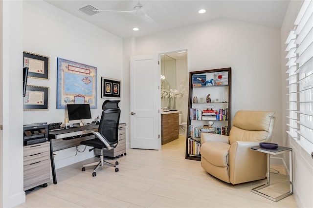 office area with ceiling fan