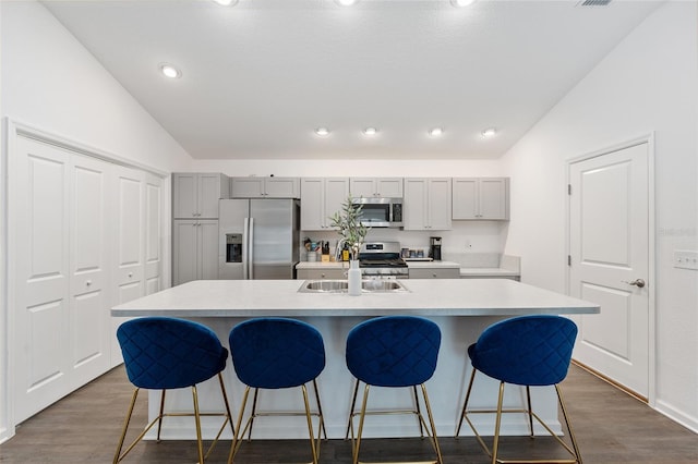 kitchen with lofted ceiling, an island with sink, and appliances with stainless steel finishes