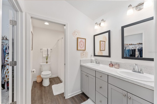 bathroom with toilet, vaulted ceiling, wood-type flooring, and vanity