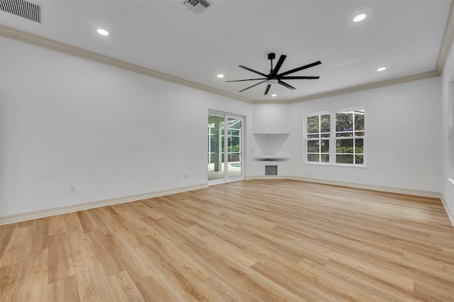11941 Graces Way, Clermont, FL 34711 - unfurnished living room featuring ornamental molding, light wood-style flooring, recessed lighting, and a ceiling fan