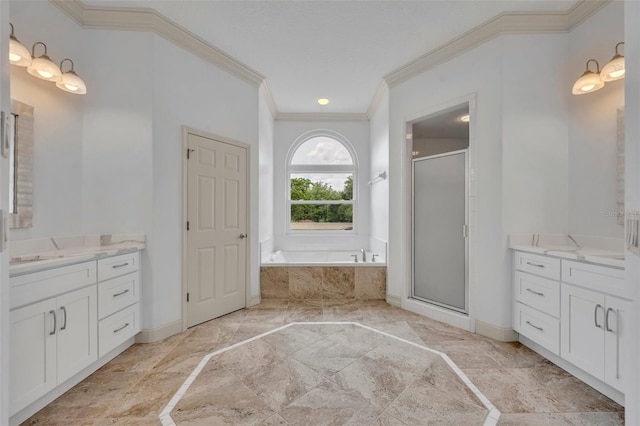 11941 Graces Way, Clermont, FL 34711 - bathroom with ornamental molding, two vanities, a stall shower, a bath, and marble tiled flooring