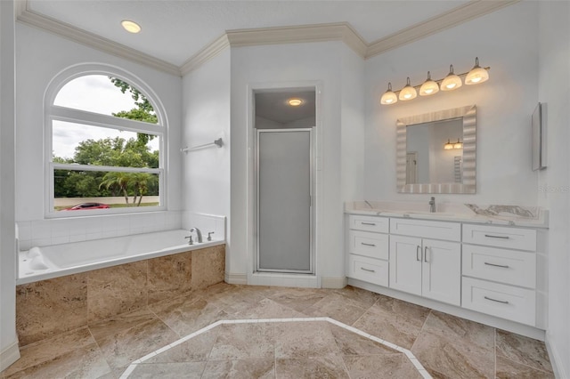 11941 Graces Way, Clermont, FL 34711 - bathroom featuring vanity, ornamental molding, a stall shower, and a garden tub