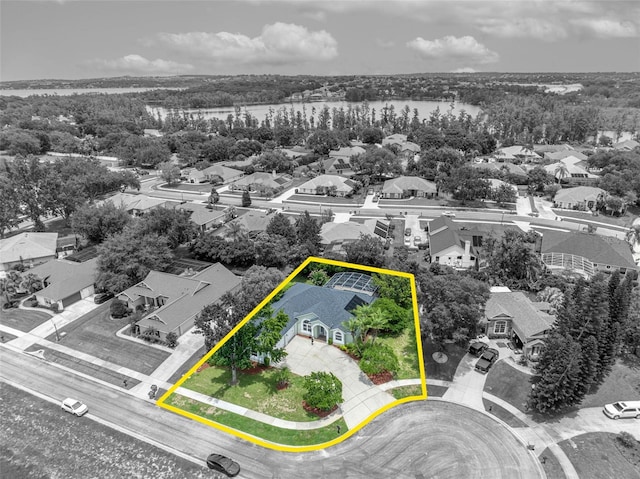 11941 Graces Way, Clermont, FL 34711 - aerial perspective of suburban area featuring property parcel outlined and a large body of water