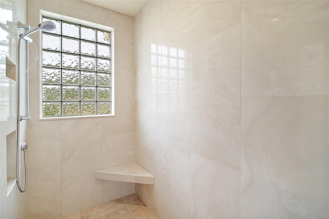 bathroom with a healthy amount of sunlight and a tile shower