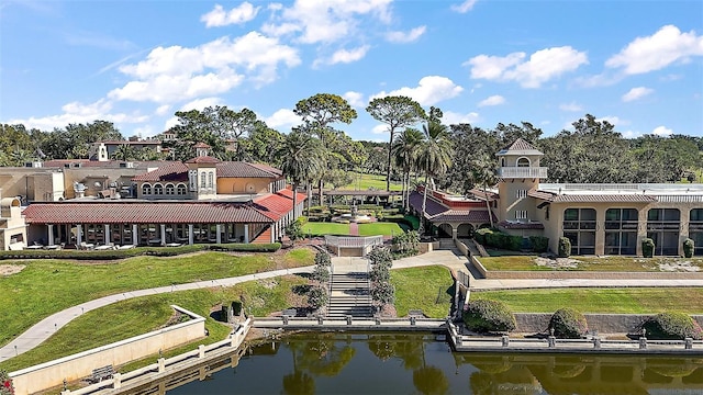 exterior space with a water view