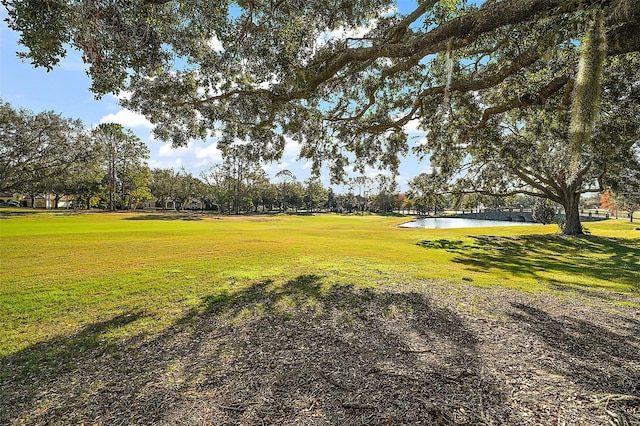 view of community with a lawn and a water view