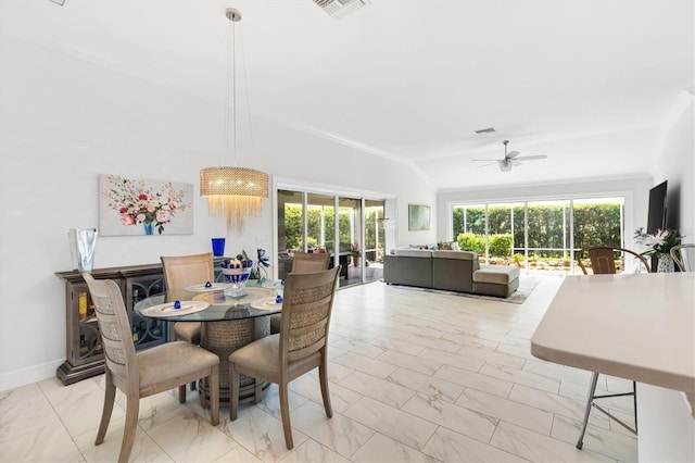 dining area featuring plenty of natural light, ceiling fan, and ornamental molding