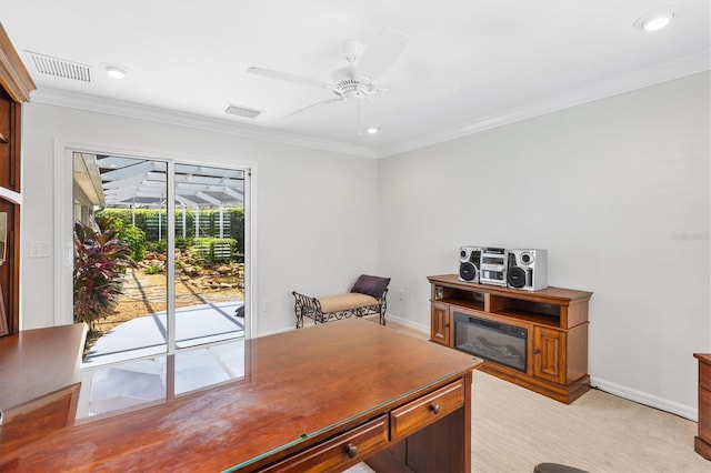 office area with ceiling fan and ornamental molding