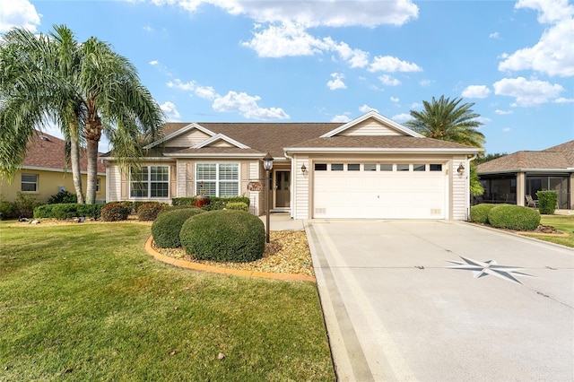 ranch-style house featuring a garage and a front yard